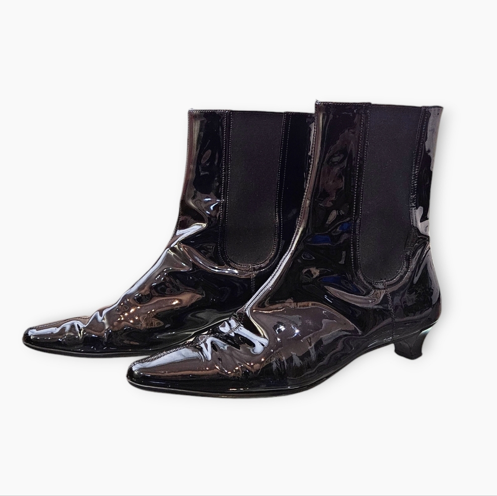 Salvatore Ferragamo Black Patent Leather Chelsea Kitten Heel Ankle Boots
